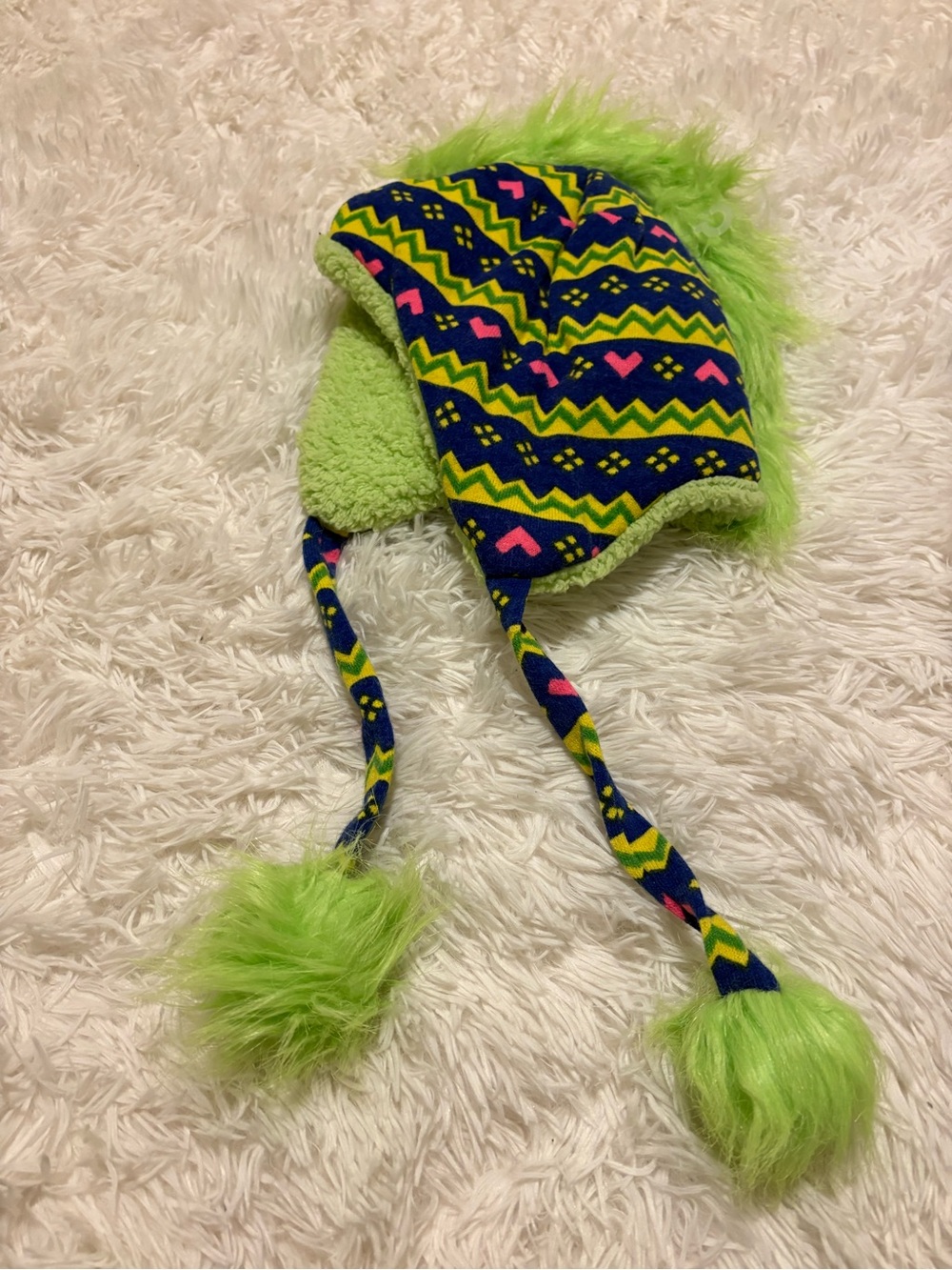 Neon Green Patterned Faux-Fur Earflap Hat